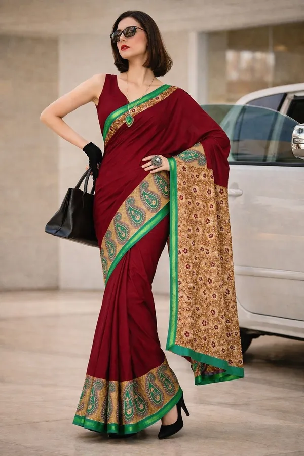 Leelavati_Printed_Floral_Print_Geometric_Print_Blocked_Printed_Woven_Daily_Wear_Pure_Cotton_Saree_Maroon