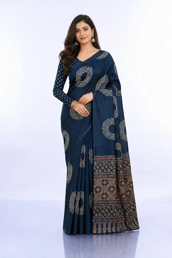 Leelavati_Printed_Floral_Print_Geometric_Print_Blocked_Printed_Daily_Wear_Pure_Cotton_Saree_Dark_Blue