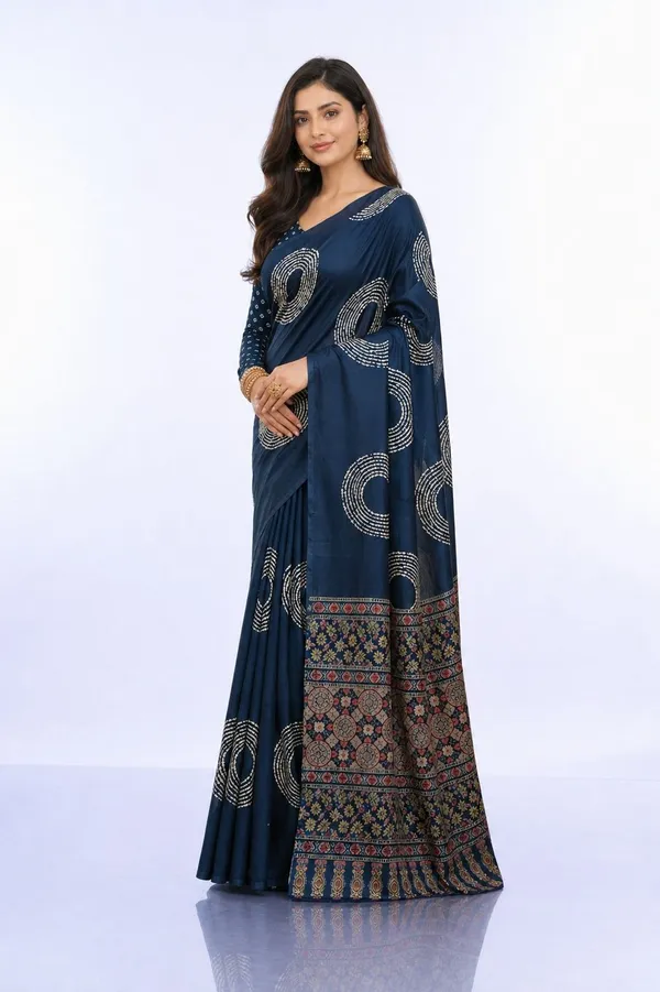 Leelavati_Printed_Floral_Print_Geometric_Print_Blocked_Printed_Daily_Wear_Pure_Cotton_Saree_Dark_Blue
