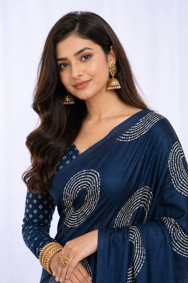 Leelavati_Printed_Floral_Print_Geometric_Print_Blocked_Printed_Daily_Wear_Pure_Cotton_Saree_Dark_Blue