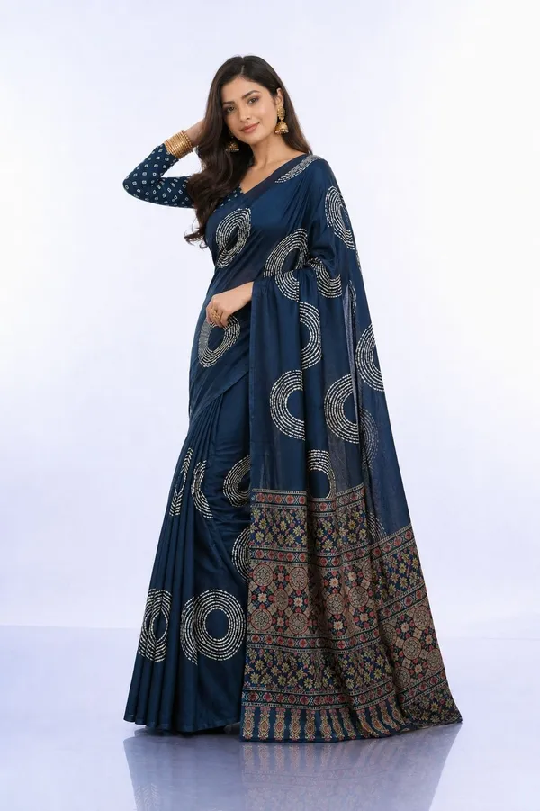 Leelavati_Printed_Floral_Print_Geometric_Print_Blocked_Printed_Daily_Wear_Pure_Cotton_Saree_Dark_Blue