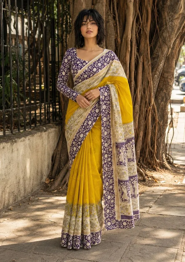 Leelavati_Printed_Floral_Print_Geometric_Print_Blocked_Printed_Daily_Wear_Pure_Cotton_Saree_Yellow