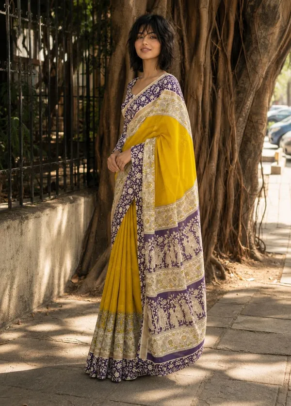 Leelavati_Printed_Floral_Print_Geometric_Print_Blocked_Printed_Daily_Wear_Pure_Cotton_Saree_Yellow