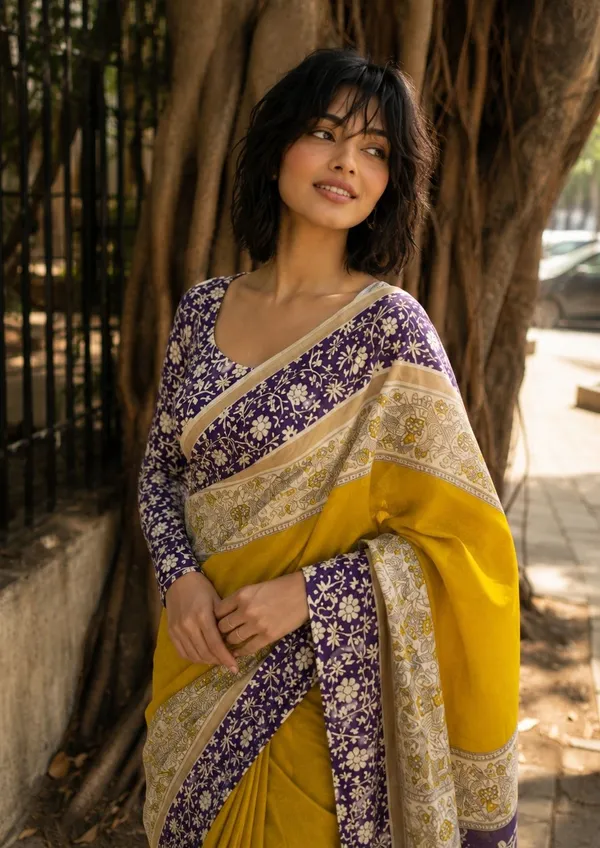 Leelavati_Printed_Floral_Print_Geometric_Print_Blocked_Printed_Daily_Wear_Pure_Cotton_Saree_Yellow