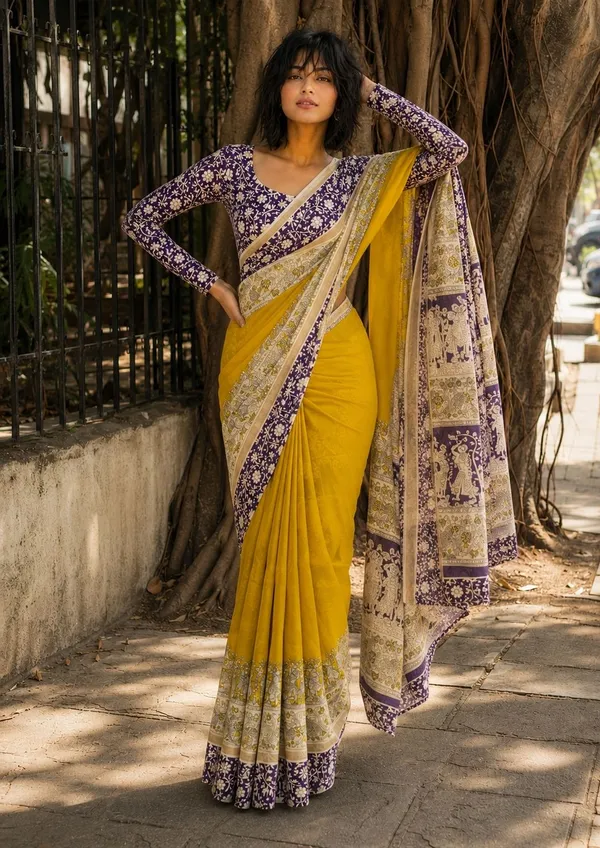 Leelavati_Printed_Floral_Print_Geometric_Print_Blocked_Printed_Daily_Wear_Pure_Cotton_Saree_Yellow