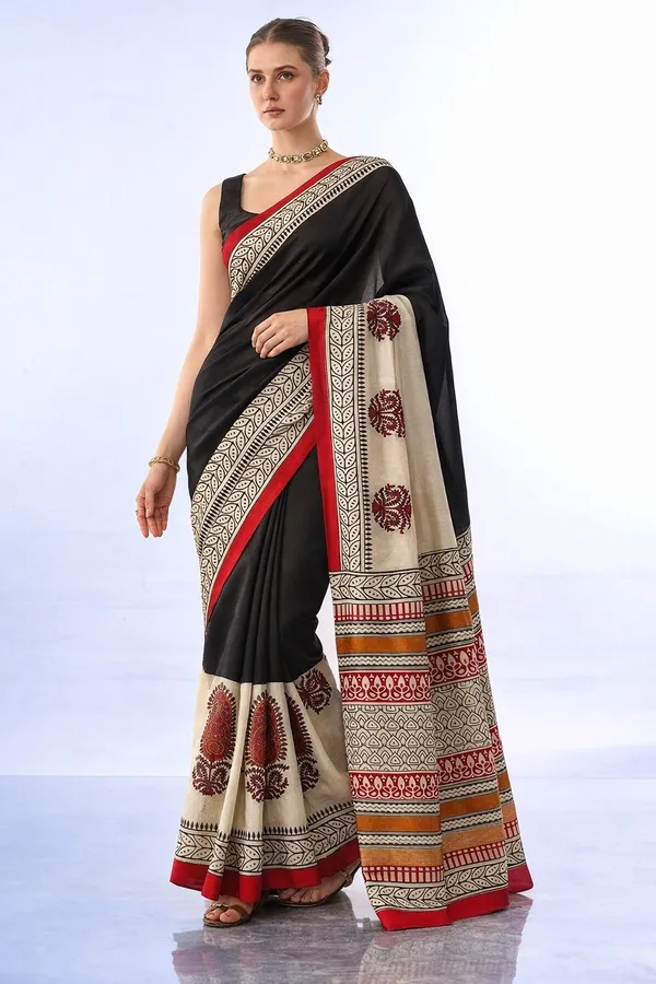 Leelavati_Printed_Floral_Print_Geometric_Print_Blocked_Printed_Daily_Wear_Pure_Cotton_Saree_Black