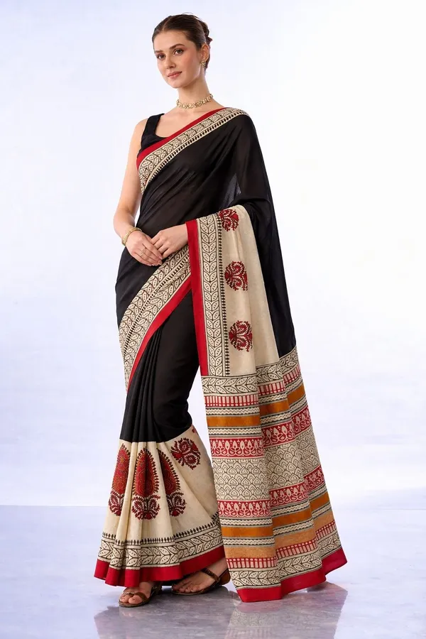 Leelavati_Printed_Floral_Print_Geometric_Print_Blocked_Printed_Daily_Wear_Pure_Cotton_Saree_Black