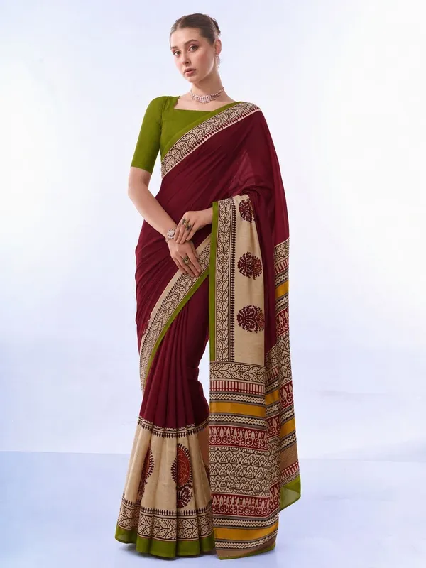 Leelavati_Printed_Floral_Print_Geometric_Print_Blocked_Printed_Daily_Wear_Pure_Cotton_Saree_Red