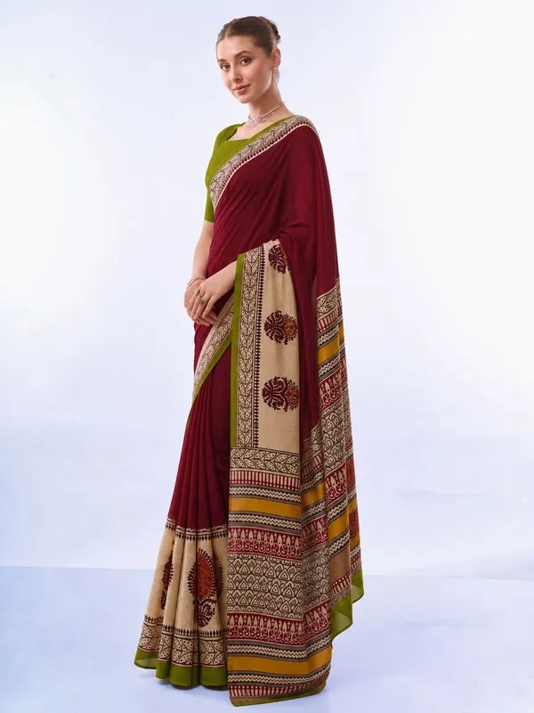 Leelavati_Printed_Floral_Print_Geometric_Print_Blocked_Printed_Daily_Wear_Pure_Cotton_Saree_Red