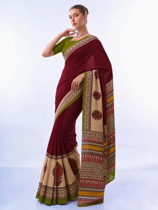 Leelavati_Printed_Floral_Print_Geometric_Print_Blocked_Printed_Daily_Wear_Pure_Cotton_Saree_Red