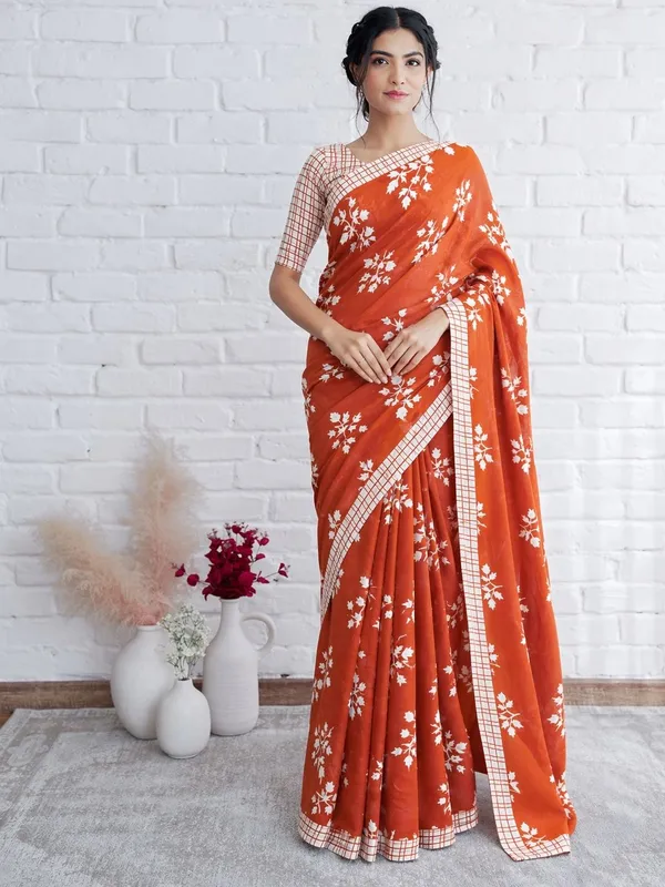 Leelavati_Printed_Floral_Print_Geometric_Print_Blocked_Printed_Daily_Wear_Pure_Cotton_Saree_Red