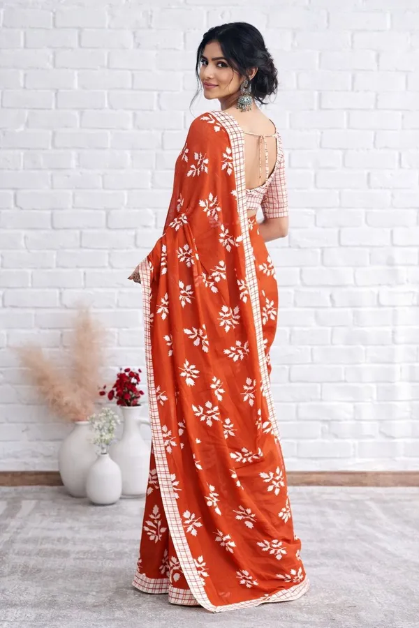 Leelavati_Printed_Floral_Print_Geometric_Print_Blocked_Printed_Daily_Wear_Pure_Cotton_Saree_Red