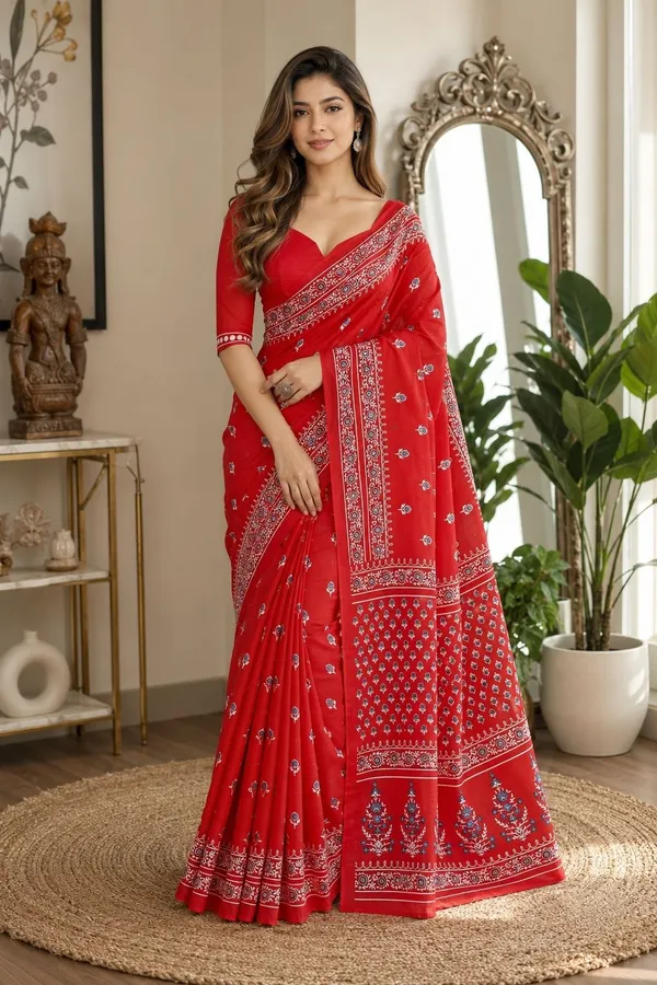Leelavati_Printed_Floral_Print_Geometric_Print_Blocked_Printed_Daily_Wear_Pure_Cotton_Saree_Red