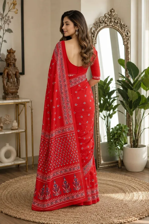 Leelavati_Printed_Floral_Print_Geometric_Print_Blocked_Printed_Daily_Wear_Pure_Cotton_Saree_Red