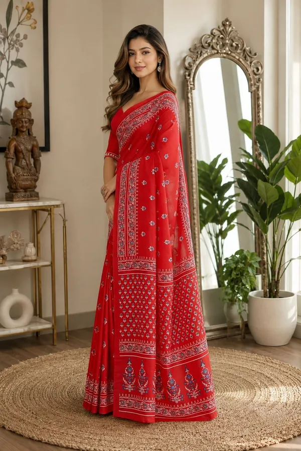 Leelavati_Printed_Floral_Print_Geometric_Print_Blocked_Printed_Daily_Wear_Pure_Cotton_Saree_Red