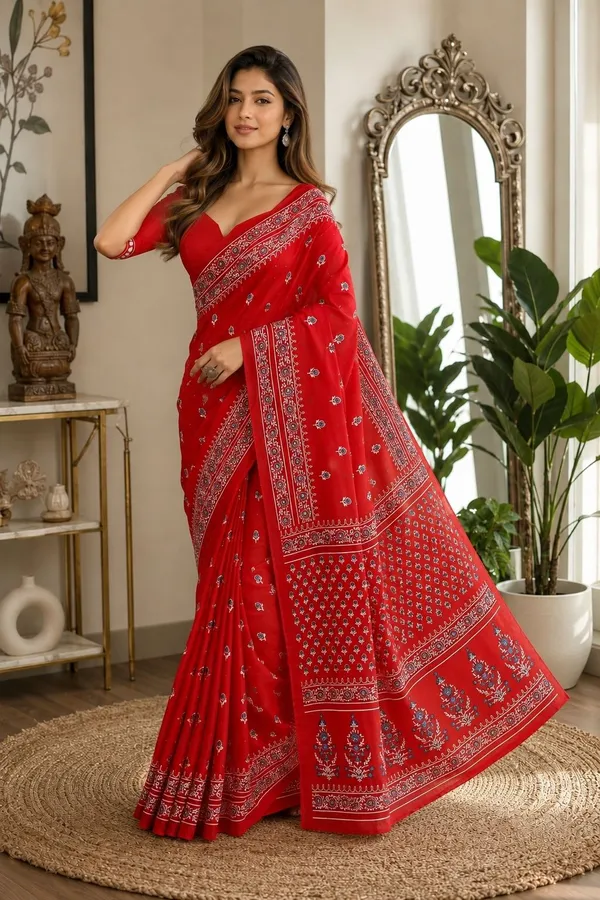 Leelavati_Printed_Floral_Print_Geometric_Print_Blocked_Printed_Daily_Wear_Pure_Cotton_Saree_Red