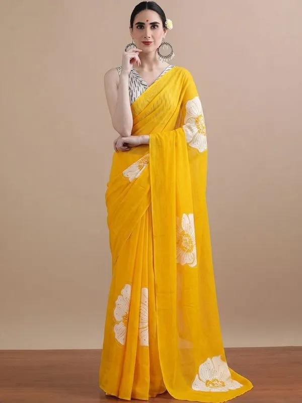 Leelavati_Printed_Floral_Print_Geometric_Print_Blocked_Printed_Daily_Wear_Pure_Cotton_Saree_Yellow