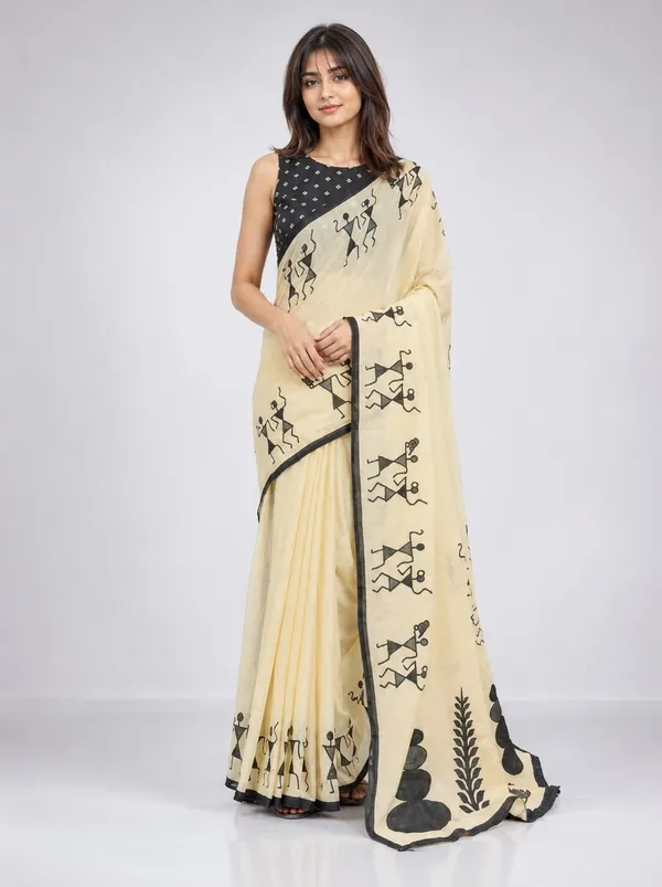 Leelavati_Printed_Floral_Print_Geometric_Print_Blocked_Printed_Daily_Wear_Pure_Cotton_Saree_Cream
