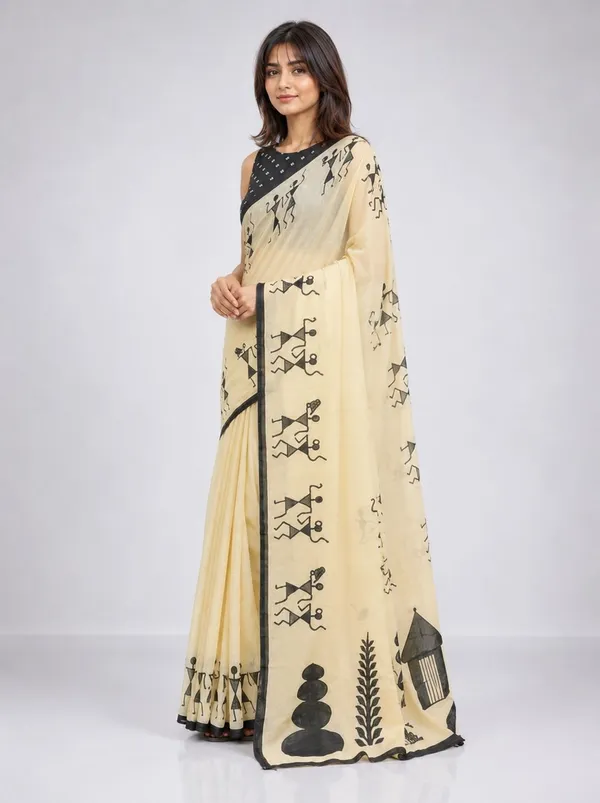 Leelavati_Printed_Floral_Print_Geometric_Print_Blocked_Printed_Daily_Wear_Pure_Cotton_Saree_Cream
