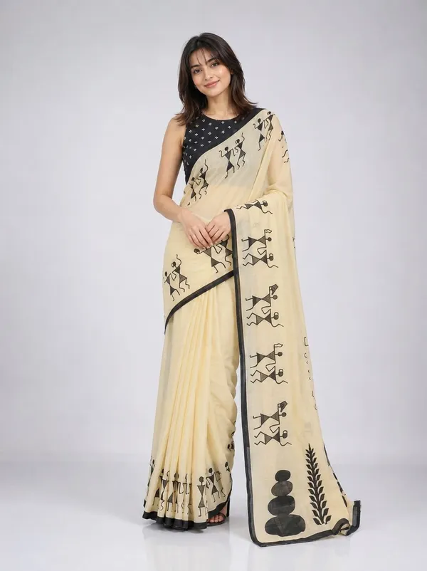 Leelavati_Printed_Floral_Print_Geometric_Print_Blocked_Printed_Daily_Wear_Pure_Cotton_Saree_Cream