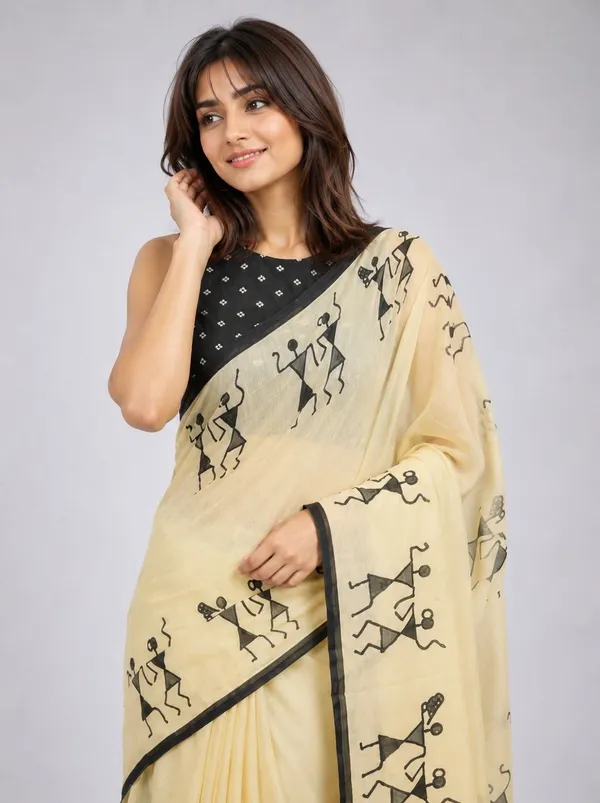Leelavati_Printed_Floral_Print_Geometric_Print_Blocked_Printed_Daily_Wear_Pure_Cotton_Saree_Cream