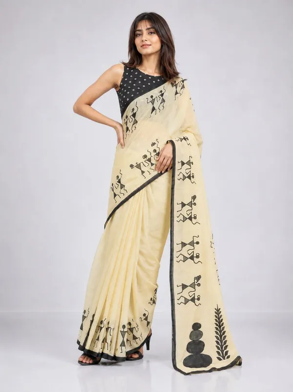 Leelavati_Printed_Floral_Print_Geometric_Print_Blocked_Printed_Daily_Wear_Pure_Cotton_Saree_Cream
