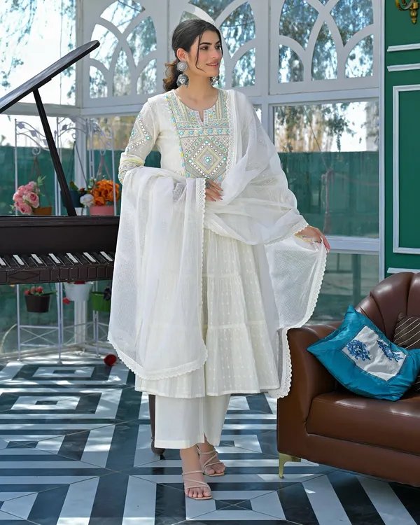 White_Flex_Butti_Cotton_Embroidered_Kurti_With_Pant_And_Dupatta_For_Women