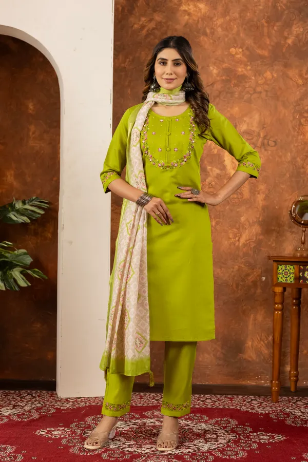 Parrot_Green_Marina_Silk_Embroidered_Kurti_With_Pant_And_Dupatta_For_Women