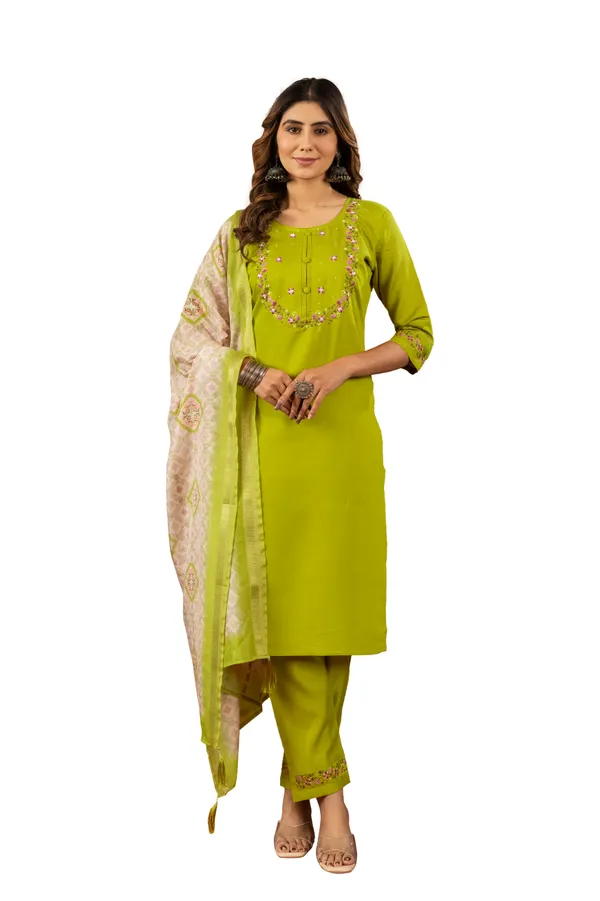 Parrot_Green_Marina_Silk_Embroidered_Kurti_With_Pant_And_Dupatta_For_Women