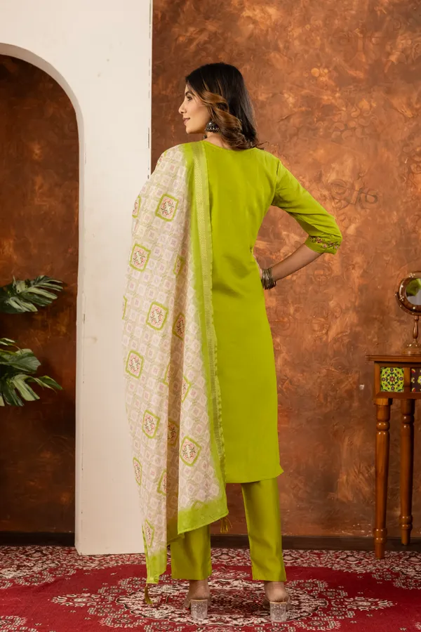 Parrot_Green_Marina_Silk_Embroidered_Kurti_With_Pant_And_Dupatta_For_Women
