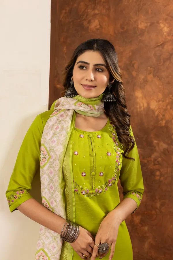 Parrot_Green_Marina_Silk_Embroidered_Kurti_With_Pant_And_Dupatta_For_Women