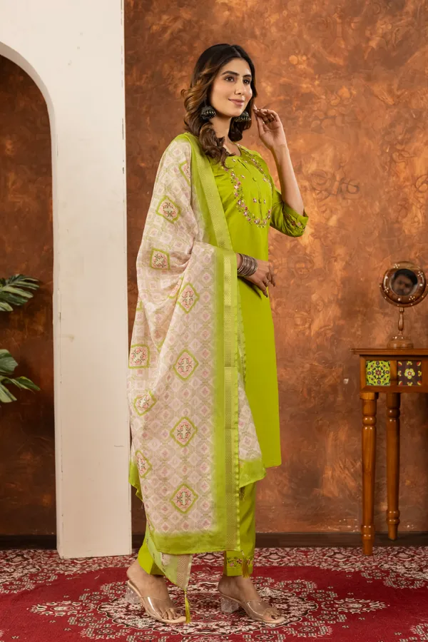 Parrot_Green_Marina_Silk_Embroidered_Kurti_With_Pant_And_Dupatta_For_Women