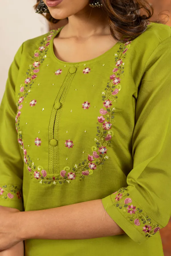 Parrot_Green_Marina_Silk_Embroidered_Kurti_With_Pant_And_Dupatta_For_Women