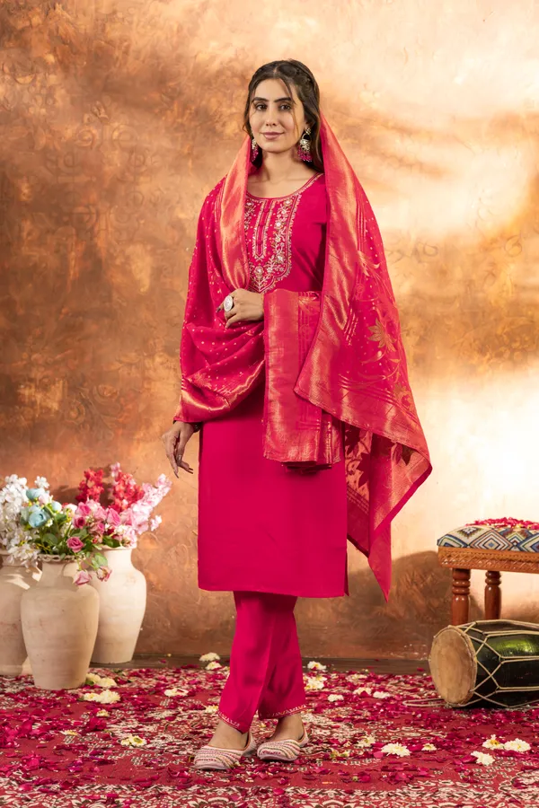Pink_Marina_Silk_Embroidered_Kurti_With_Pant_And_Dupatta_For_Women