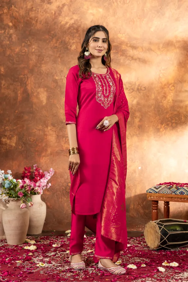 Pink_Marina_Silk_Embroidered_Kurti_With_Pant_And_Dupatta_For_Women