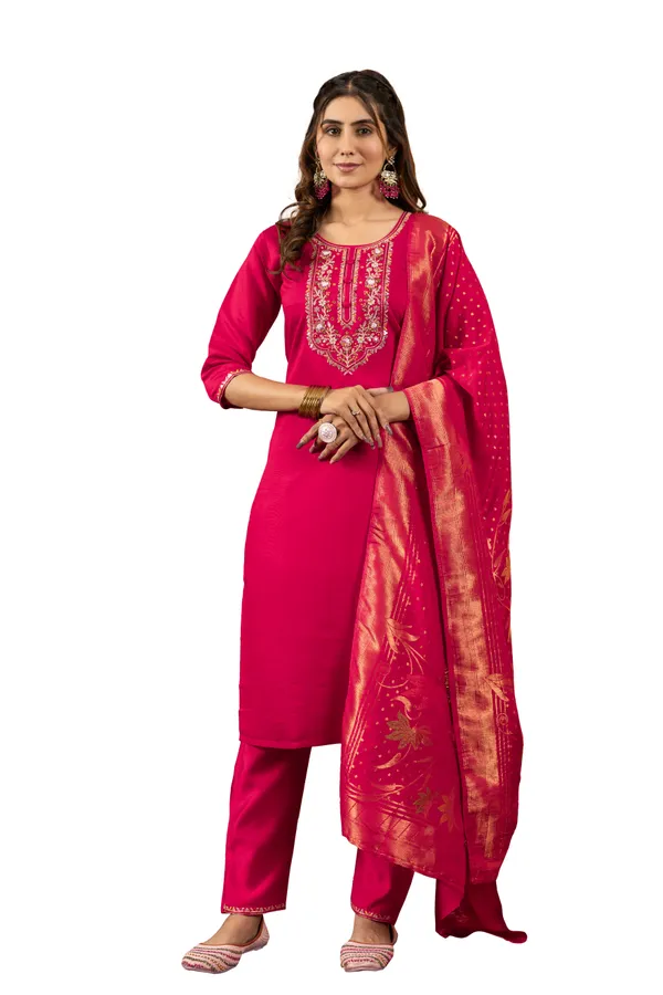 Pink_Marina_Silk_Embroidered_Kurti_With_Pant_And_Dupatta_For_Women