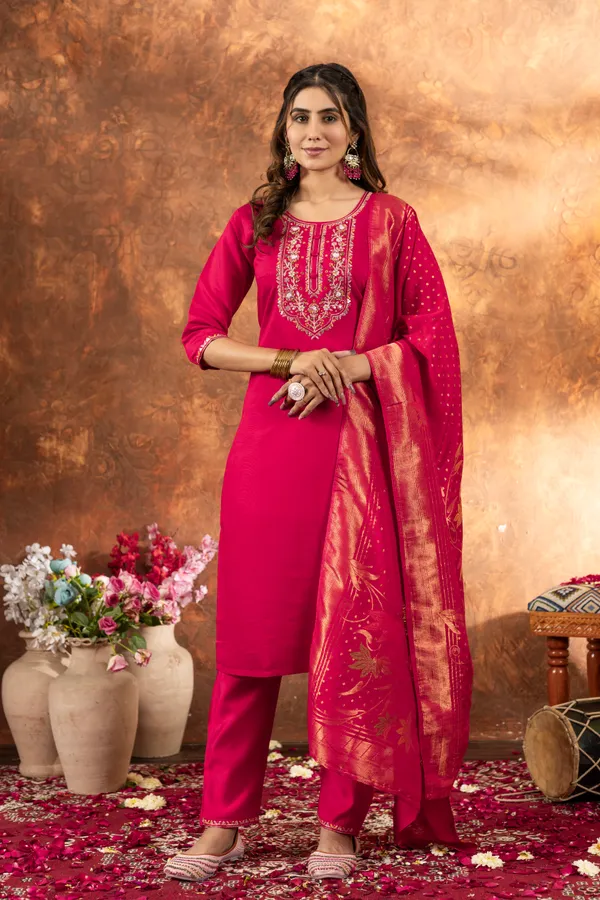 Pink_Marina_Silk_Embroidered_Kurti_With_Pant_And_Dupatta_For_Women