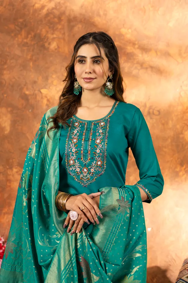 Rama_Green_Marina_Silk_Embroidered_Kurti_With_Pant_And_Dupatta_For_Women