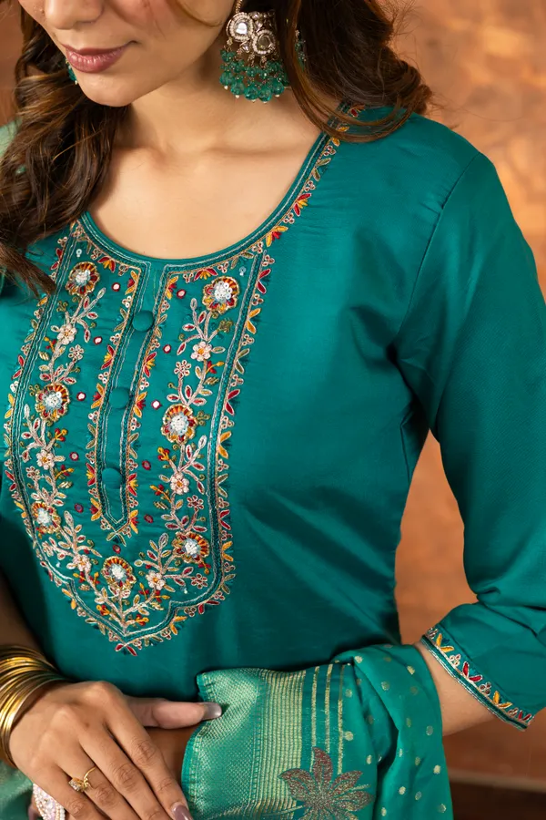 Rama_Green_Marina_Silk_Embroidered_Kurti_With_Pant_And_Dupatta_For_Women