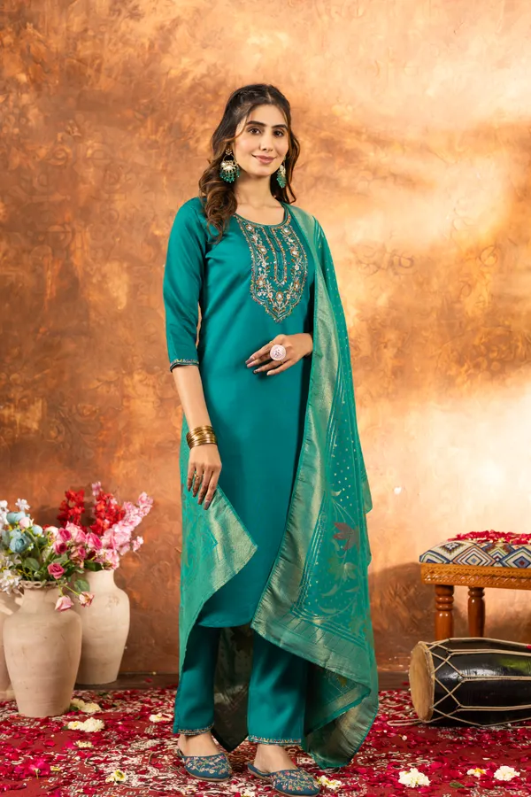 Rama_Green_Marina_Silk_Embroidered_Kurti_With_Pant_And_Dupatta_For_Women