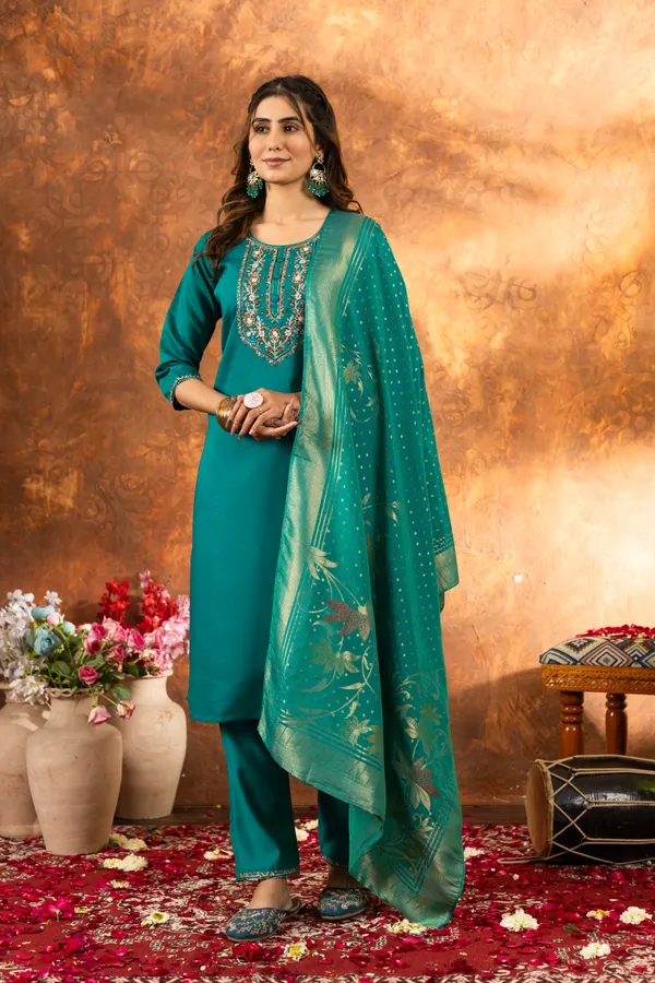Rama_Green_Marina_Silk_Embroidered_Kurti_With_Pant_And_Dupatta_For_Women