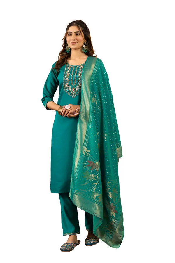 Rama_Green_Marina_Silk_Embroidered_Kurti_With_Pant_And_Dupatta_For_Women