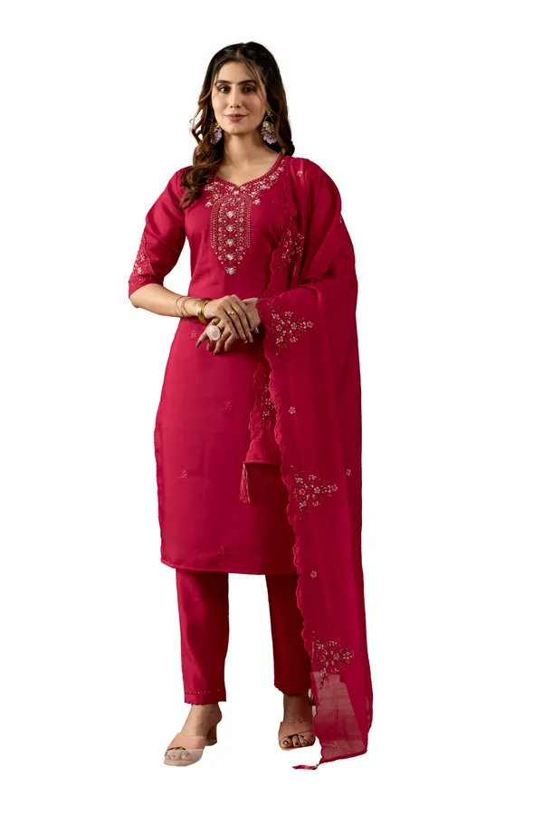 Rani_Pink_Roman_Silk_Embroidery_Kurti_With_Pant_And_Dupatta_For_Women