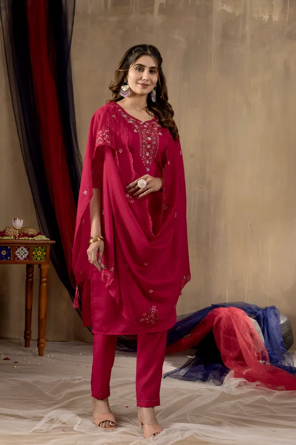 Rani_Pink_Roman_Silk_Embroidery_Kurti_With_Pant_And_Dupatta_For_Women