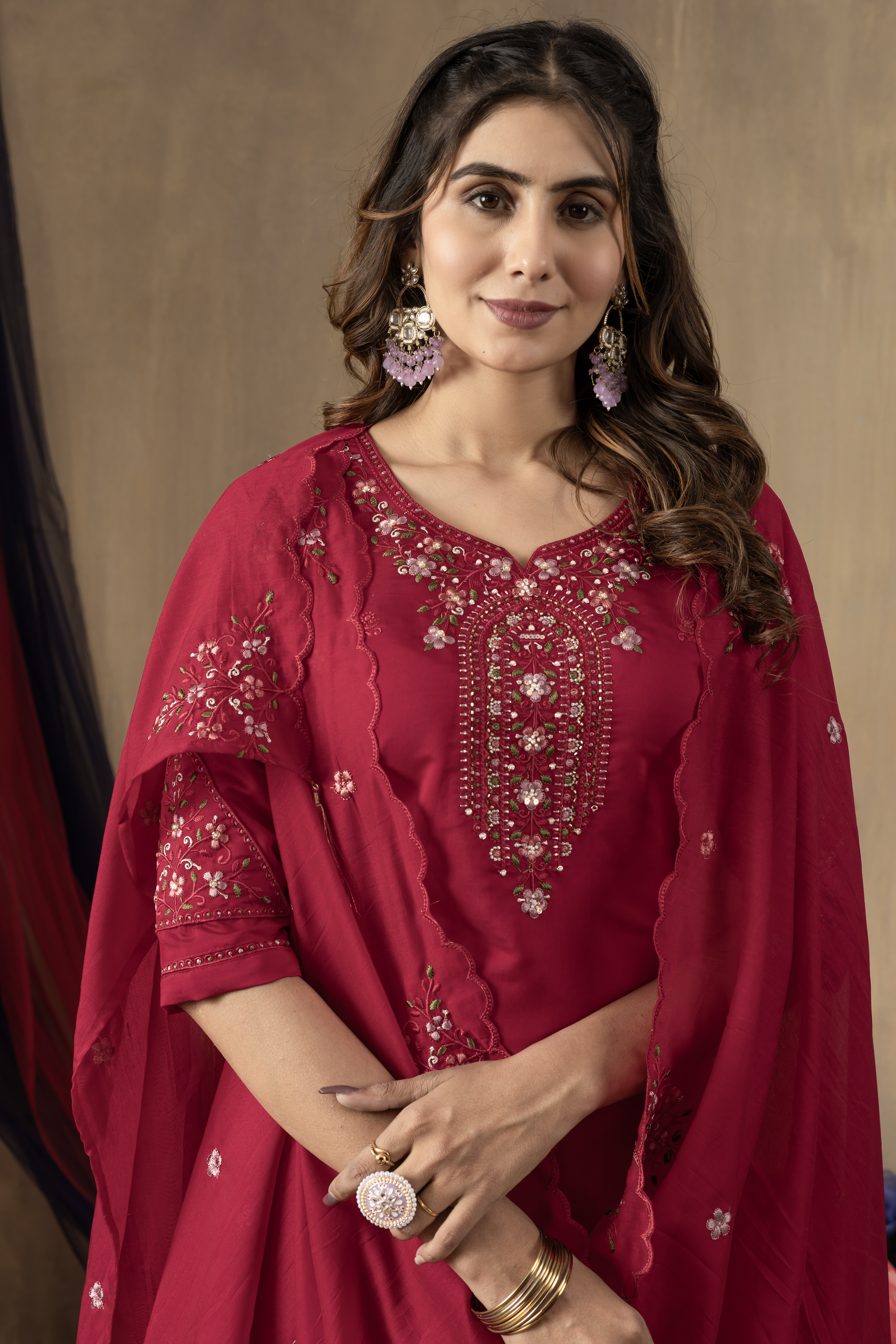 Rani_Pink_Roman_Silk_Embroidery_Kurti_With_Pant_And_Dupatta_For_Women