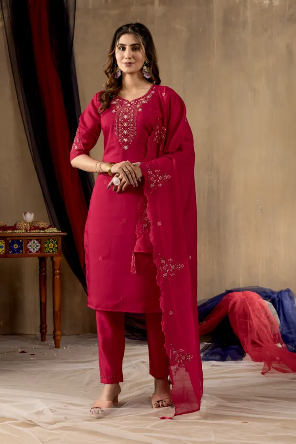 Rani_Pink_Roman_Silk_Embroidery_Kurti_With_Pant_And_Dupatta_For_Women