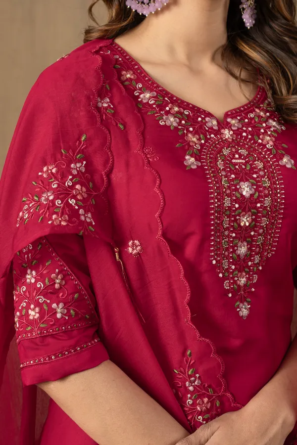 Rani_Pink_Roman_Silk_Embroidery_Kurti_With_Pant_And_Dupatta_For_Women
