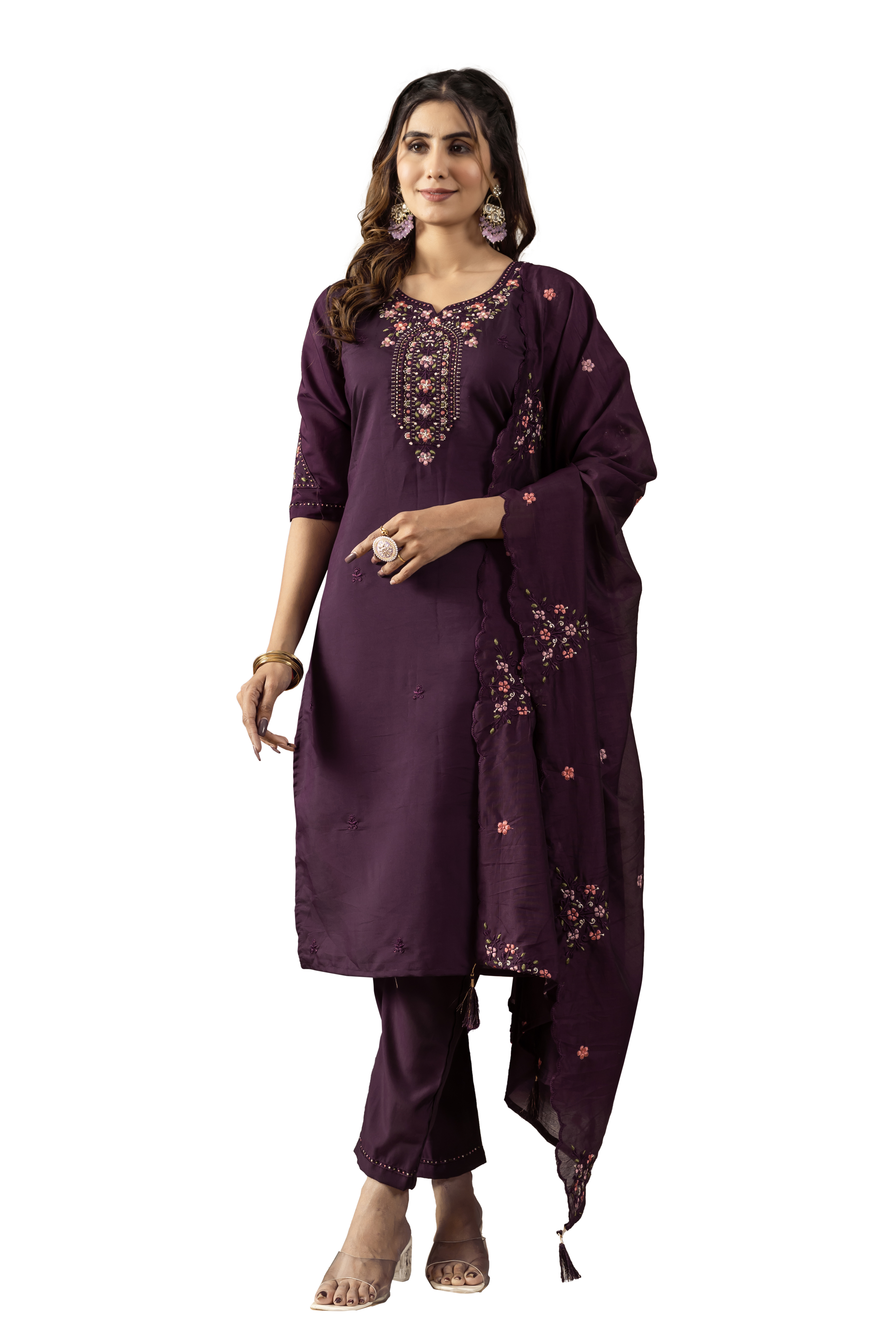 Wine_Roman_Silk_Straight_Kurti_With_Pant_And_Dupatta_For_Women