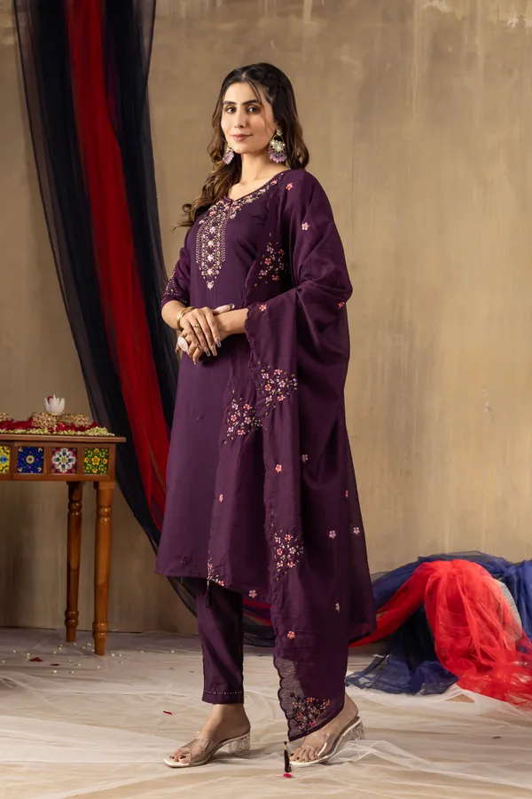 Wine_Roman_Silk_Straight_Kurti_With_Pant_And_Dupatta_For_Women