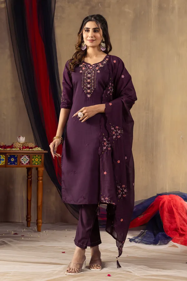 Wine_Roman_Silk_Straight_Kurti_With_Pant_And_Dupatta_For_Women